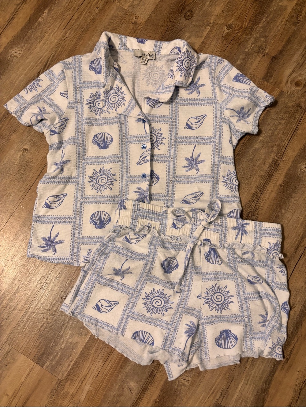 Women's Blue Shell-Print Short Pajama Set - Brand: